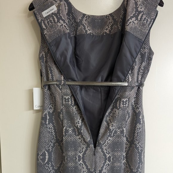 Calvin Klein Sheath Dress - Snakeskin Sleek Belt Silver Grey Fitted Slit Size 6 - Picture 13 of 15